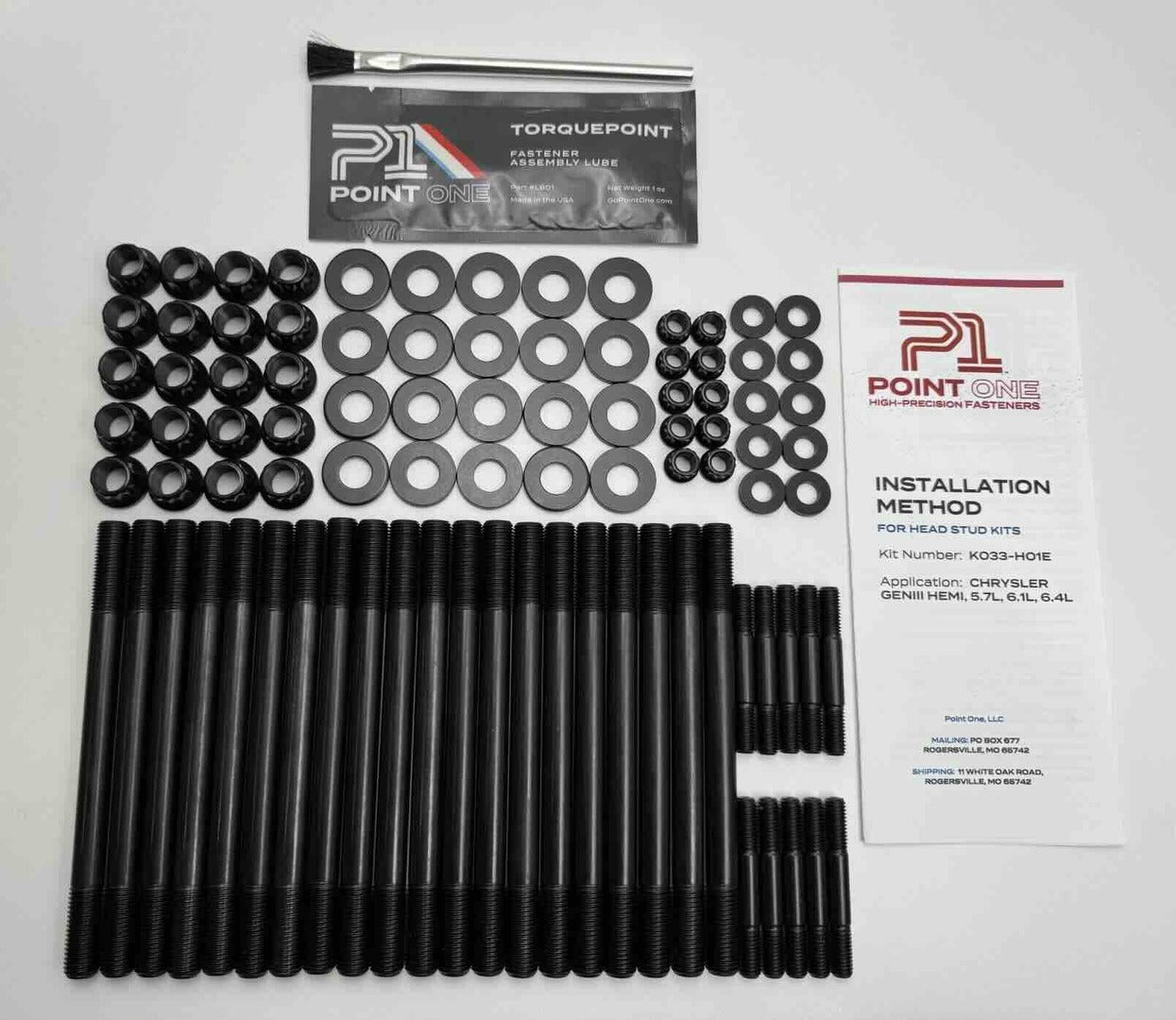 P1 Point One Chrysler Gen III HEMI head stud kit K033-H01E, E190 series studs, 12-point black oxide nuts, washers, TorquePoint assembly lube, and installation instructions