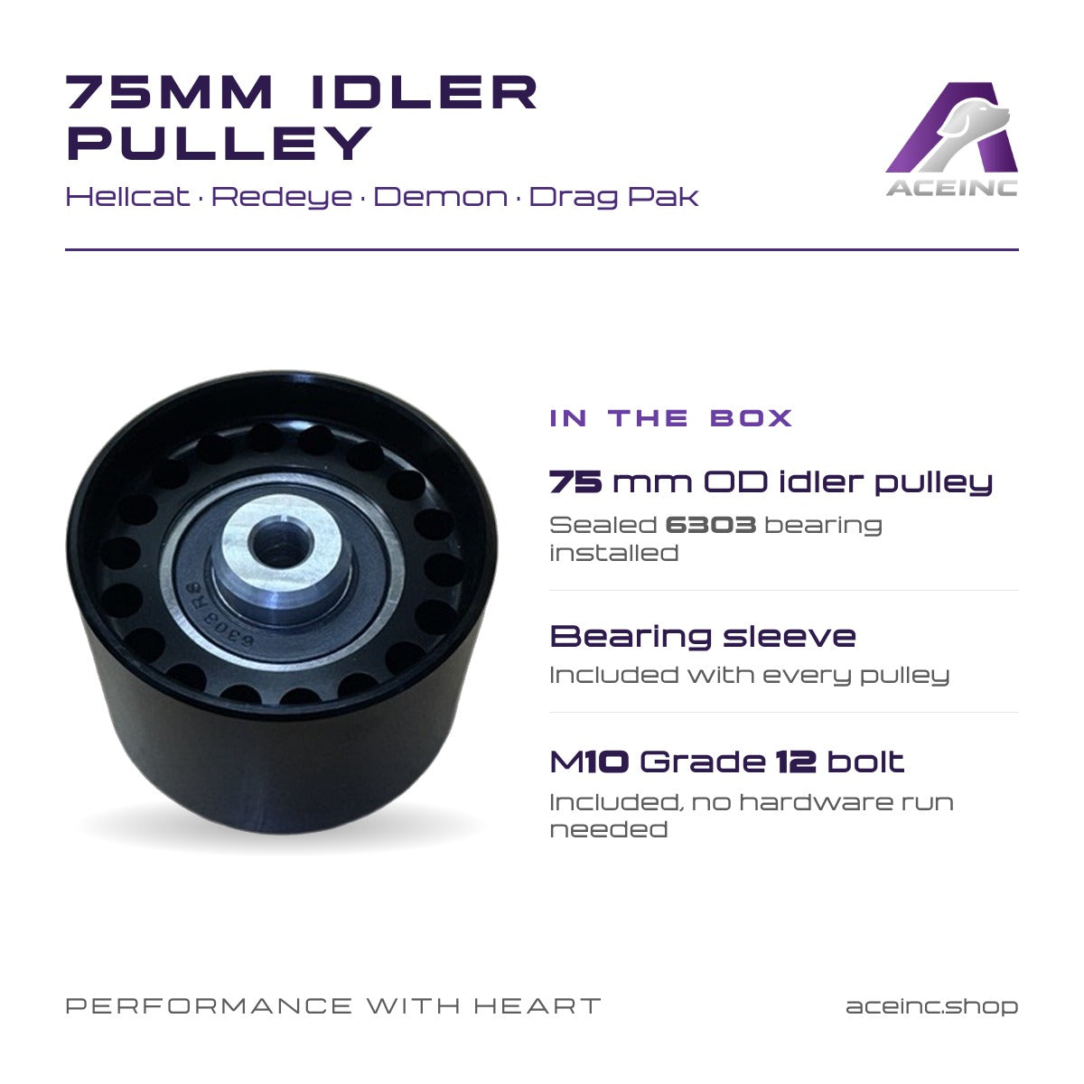 What's in the box: pulley with sealed bearing, bearing sleeve, M10 bolt