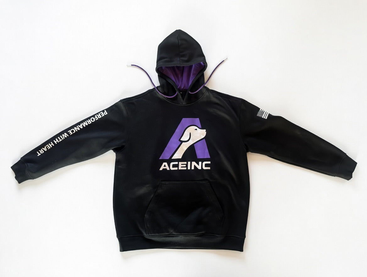 ACE INC premium black pullover hoodie, front view with ACE Purple logo and Performance With Heart down the sleeve
