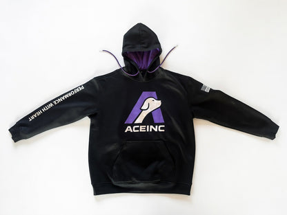 ACE INC premium black pullover hoodie, front view with ACE Purple logo and Performance With Heart down the sleeve