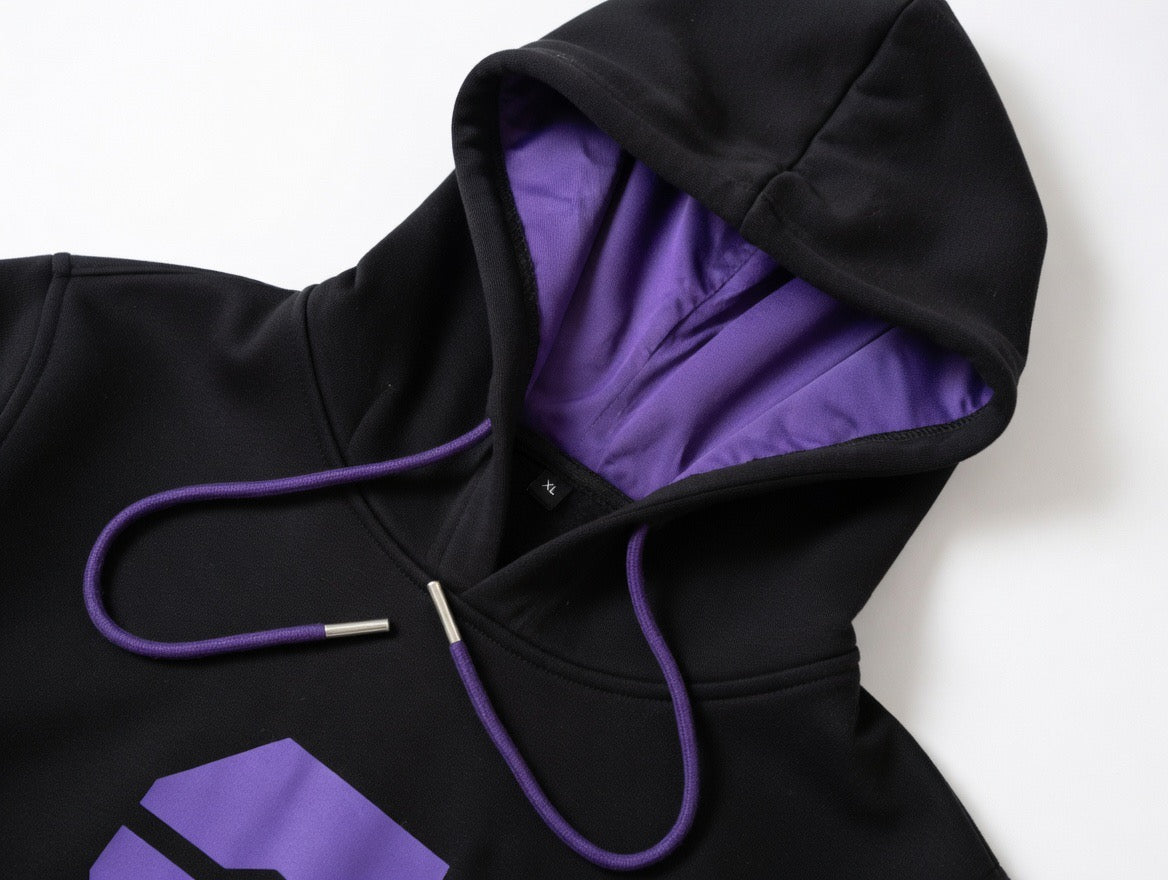 ACE INC hoodie hood detail showing ACE Purple satin lining and drawcords