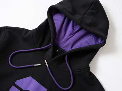 ACE INC hoodie hood detail showing ACE Purple satin lining and drawcords