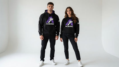 Man and woman wearing the ACE INC black pullover hoodie, showing fit on adult sizes