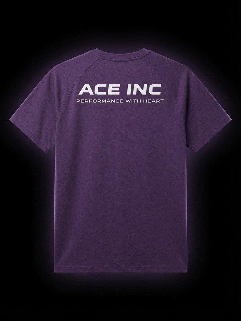 ACE INC Performance Modal Tee in Purple 38, back view with ACE INC wordmark and PERFORMANCE WITH HEART tagline