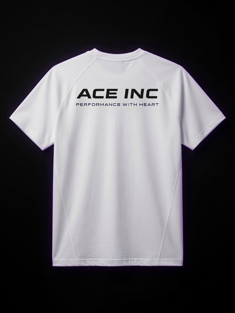 ACE INC Performance Modal Tee in White, back view with ACE INC wordmark and PERFORMANCE WITH HEART tagline