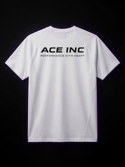 ACE INC Performance Modal Tee in White, back view with ACE INC wordmark and PERFORMANCE WITH HEART tagline