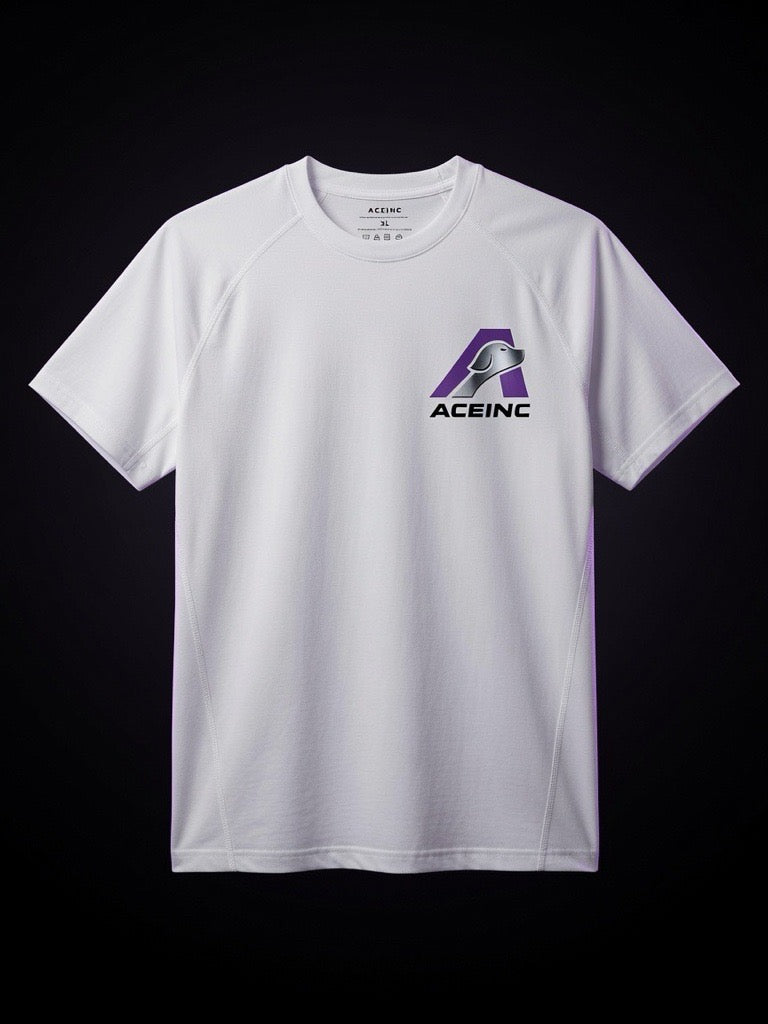 ACE INC Performance Modal Tee in White, front view with left-chest ACE INC logo lockup