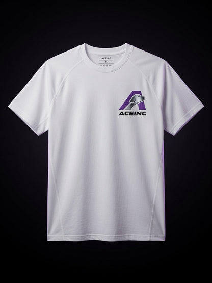 ACE INC Performance Modal Tee in White, front view with left-chest ACE INC logo lockup